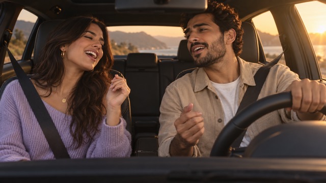 Referência externa de dois adultos em uma performance conjunta dentro de um carro com iluminação quente