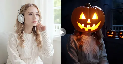 Referência externa de antes e depois comparando um retrato adulto e uma cabeça de abóbora iluminada por vela em luz quente de fim de tarde