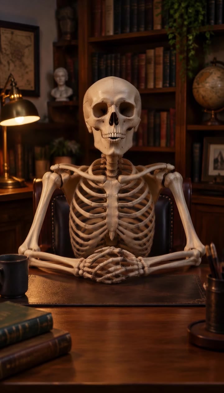 Esqueleto sentado de frente para a câmera em uma mesa de madeira, em um escritório com luz quente, livros, luminária e globo