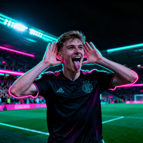 Pessoa de camisa de futebol escura com as mãos atrás das orelhas em estádio com luz colorida nas bordas
