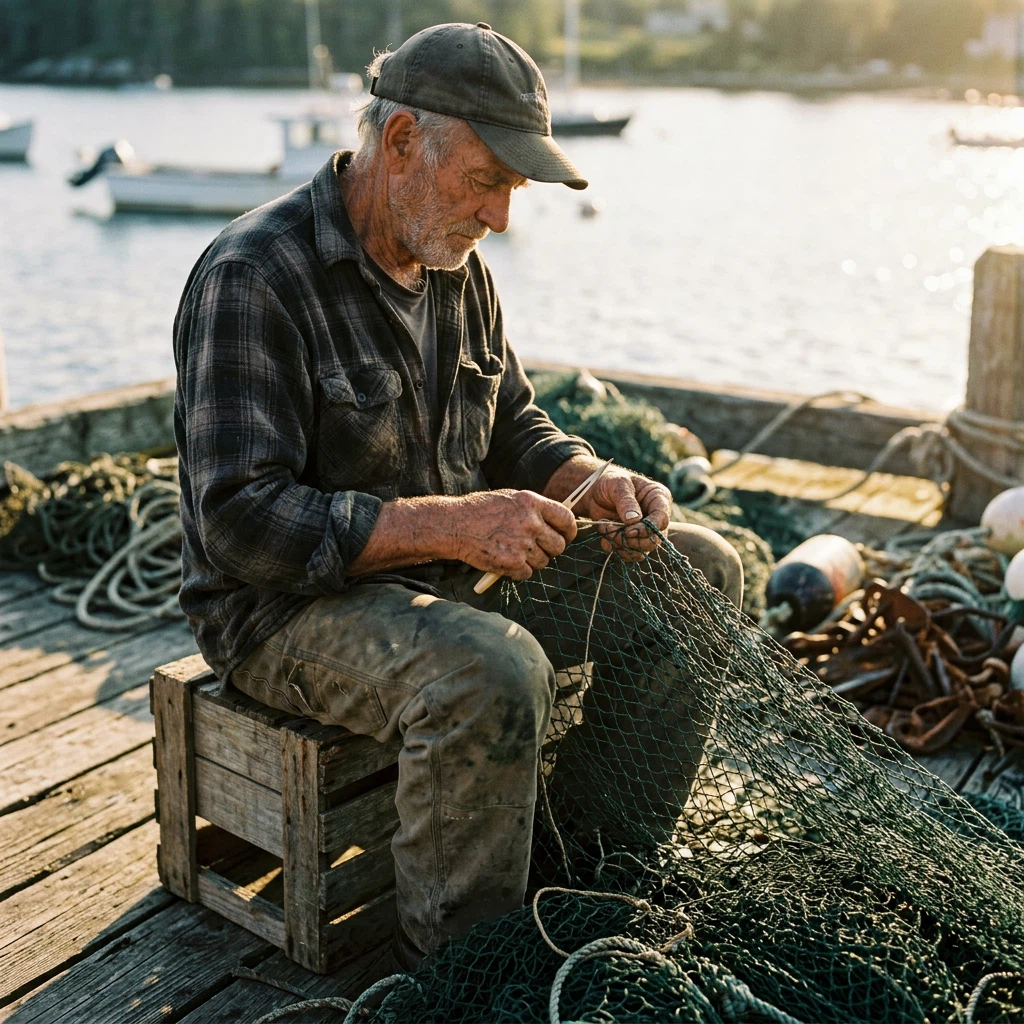 An older fisherman repairs a net on a wooden dock in warm natural light.