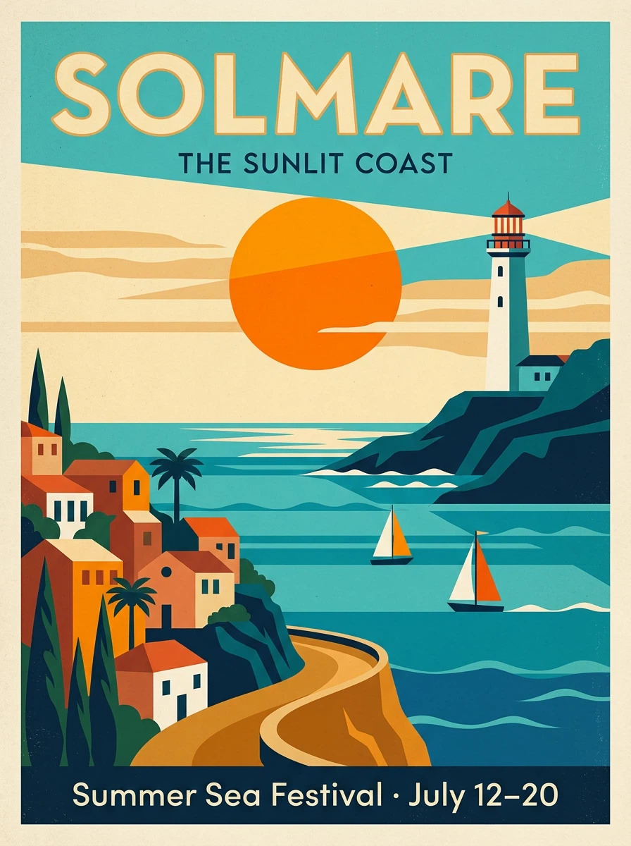 An illustrated Solmare travel poster with a lighthouse, sailboats, and a coastal sunset.