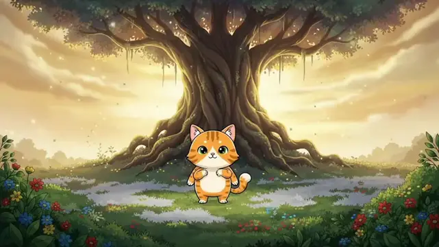 A cartoon kitten stands in front of a large tree in a colorful animated setting.